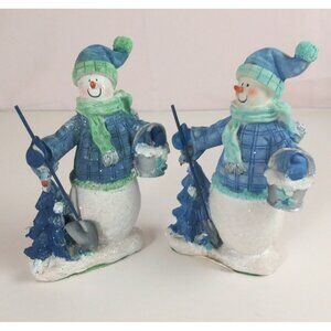 Vintage Set Of 2 Glittery Snowmen With Shovel & Bucket By Tree 5" Figurines